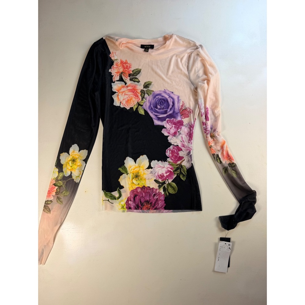 AFRM Mesh Top Women Small Black Pink Y2K Floral Sheer Long Sleeve Crew Neck